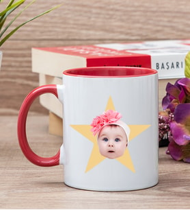 Kişiye Özel Pembe Yıldız Kafa Fotoğraflı Kırmızı Kupa Bardak