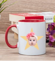 Kişiye Özel Pembe Yıldız Kafa Fotoğraflı Kırmızı Kupa Bardak