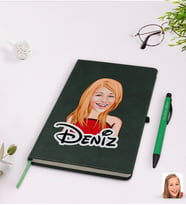 BK Gift Kişiye Özel Kadın Karikatürlü Yeşil Termo Deri Defter Kalem Seti Model 33