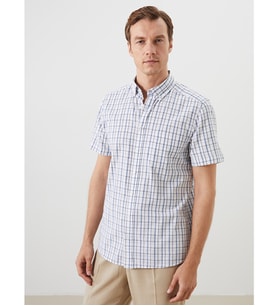 LCWAIKIKI Classic Beyaz Regular Fit Kısa Kollu Ekose Poplin Erkek Gömlek
