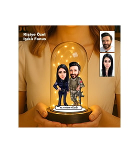 Kişiye Özel Çift Karikatür Fanus  Sevgili ve Evlilere Özel Işıklı Biblo