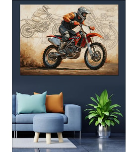 Toprak Yolda Yarışan Cross Motosiklet Dekoratif Kanvas - Mdf Ahşap Tablo