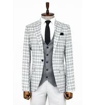 Gri Yelekli Slim Fit Ekose Açık Gri Erkek Takım Elbise - Wessi