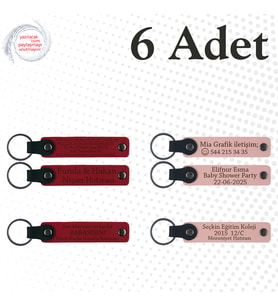 Kırmızı & Yavru Ağzı, 6’lı Set, İsim Yazılabilen Deri Anahtarlık, Aile Tatillerine Küçük Hatıra