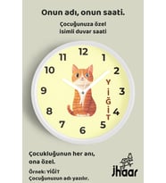 İsme Özel Sevimli Kedi Çocuk Odası Duvar Saati Orta Boy 30 cm Beyaz Camlı Sessiz
