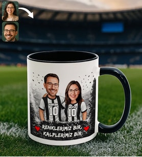 BK Gift Kişiye Özel İsimli Siyah-Beyaz Sevgili Tasarımlı Siyah Kupa Bardak – İsim ve Forma Numaralı Taraftar Kupa, Doğum Günü Hediyesi