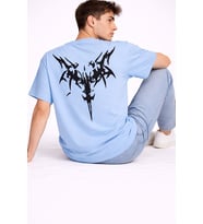 Oversize Erkek Tişört Arkası Baskılı Streetwear Siyah Grafik Back Print Unisex T-Shirt (Mavi)