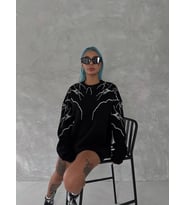 Kadın Yıldırım Baskılı Bisiklet Yaka 3 iplik pamuklu SweatShirt - Siyah
