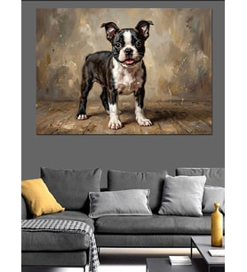 Ayakta Duran Sevimli Boston Terrier Dekoratif Kanvas - Mdf Ahşap Tablo