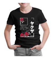 Japanese Quote and Flowers over a Skull Siyah Çocuk Tshirt