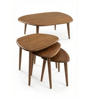 Oval Masif Doğal Ahşap Orta Sehpa ve 3'lü Yan Sehpa Set  Asimetrik Modern İskandinav Tasarım (Koyu Ceviz)