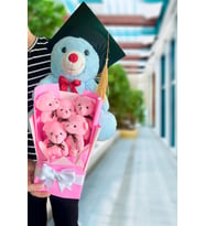 Mezuniyet Hediyesi:  Mezun Peluş Ayıcık & Pembe Ayıcık Buketi (Mavi)