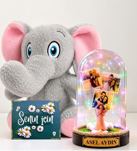 Kişiye Özel 3 Fotoğraflı Renkli LED Işıklı Fanus ve Peluş Fil Hediye Seti (şans melekli)