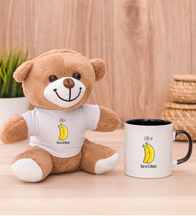 Kişiye Özel Sevimli Muzlar Peluş Ayı ve Siyah Kupa