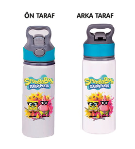 Sunger Bobbb Baskılı Mavi Pipetli Metal Suluk-650ml. (Açık Kahve-Ekru)