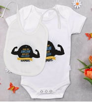 BK Kids Kişiye Özel Amcam Her Şeyi Halleder Tasarımlı Bebek Body Zıbın ve Mama Önlüğü Hediye Seti - Model 1