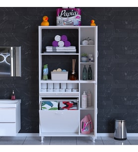Modilayn Sepetli Kirli Çamaşır Dolabı Kapaklı Raflı Çok Amaçlı Dolap Banyo Dolabı (Beyaz)
