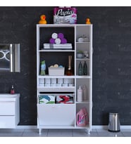 Modilayn Sepetli Kirli Çamaşır Dolabı Kapaklı Raflı Çok Amaçlı Dolap Banyo Dolabı (Beyaz)