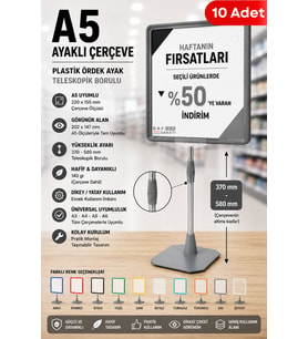 10 Adet - A5 Ayaklı Çerçeve Seti Plastik Ördek Ayak Teleskopik Borulu Fiyat Etiketliği Yönlendirme Levhası Menü Panosu Gri