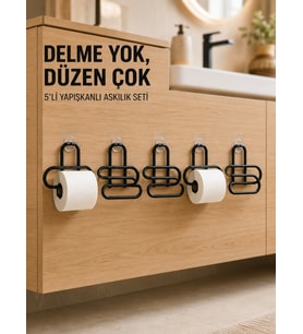 Siyah Metal Tuvalet Kağıdı Tutucu 5’li Set Yapışkanlı Duvar Tipi Banyo WC Askısı