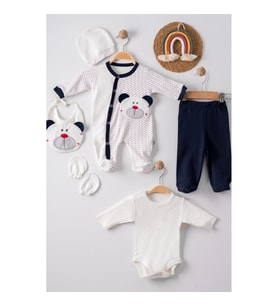 3 Ay Puanlı Ayıcık Nakışlı Tulumlu Erkek Bebek 5'li Set Lacivert