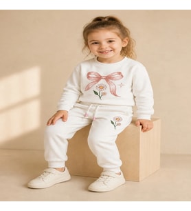 Kız Çocuk Ekru Fiyonk ve Papatya Baskılı 2 İplik Sweatshirt Eşofman Takımı