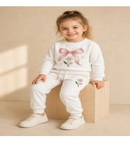 Kız Çocuk Ekru Fiyonk ve Papatya Baskılı 2 İplik Sweatshirt Eşofman Takımı
