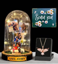 Premium Hediye Seti - Sizlere Özel Led Işıklı Fanus ve Zümrüdü Anka Kuşu Kolyesi (Model 10)