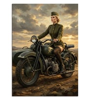 Motosikletli Askeri Kadın Pin-Up Dekoratif Kanvas - Mdf Ahşap Tablo