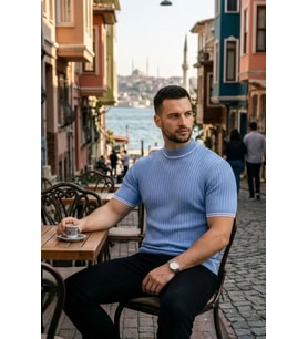 Erkek Fitilli Triko Dokuma Kısa Kol Tişört Yarım Boğaz Modern Yazlık T-Shirt - Bebe Mavisi