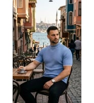 Erkek Fitilli Triko Dokuma Kısa Kol Tişört Yarım Boğaz Modern Yazlık T-Shirt - Bebe Mavisi