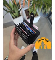 VİSSO 8600 Hakiki Deri Çıtçıtlı Akordeon Kartlık Kimlik Ve Kağıt Para Bölmeli Kişiye İsme Özel Bay Bayan Kartlık Çanta SİYAH RENK (K.Siyah)