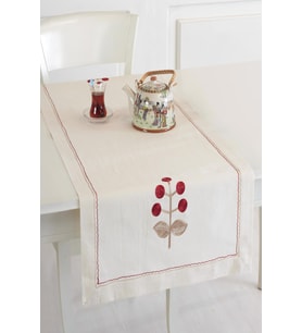 Naturel Buldan Keteni Çiçek İşlemeli 50x130 cm Runner (Bordo)