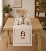 Buldan Keteni Çiçek Nakışlı Runner, Konsol, Sehpa Örtüsü-Naturel&Bordo