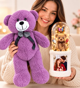 Kişiye Özel Fotoğraflı LED Işıklı Fanuslu Ayıcık Buketi ve Büyük Boy Mor Peluş Ayıcık