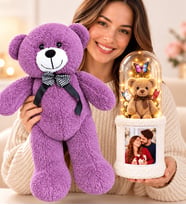 Kişiye Özel Fotoğraflı LED Işıklı Fanuslu Ayıcık Buketi ve Büyük Boy Mor Peluş Ayıcık