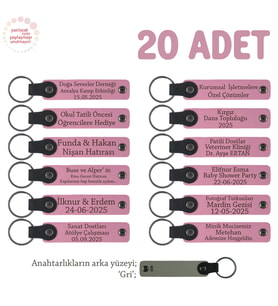 Pembe & Gri, Öğretmene El Emeği Gibi Değerli, 20'li Set, Kişiye Özel Yazılı Deri Anahtarlık