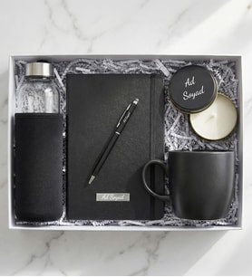 Kişiye Özel Premium Ofis Hediye Seti ( Kılıflı Cam Matara & Defter & Touchpen Kalem & Kupa & Metal Kutulu Mum) (Siyah)