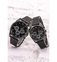 Çift Siyah Çelik Kordon Analog Kadın Erkek Kol Saati Kombin Saat ST-304220