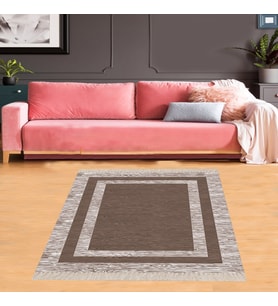 Geometrik Çerçeve Desenli Dijital Baskı Yıkanabilir Kaymaz Taban Modern Salon Halısı ve Yolluk Kahve (Kahverengi)