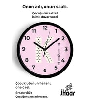 İsme Özel K Harfli Pembe Çocuk Odası Duvar Saati Orta Boy 30 cm Siyah Camlı Sessiz