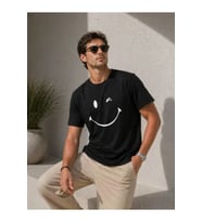 Erkek Minimal Gülümseyen Yüz Baskılı Tişört Kısa Kol Yazlık T-Shirt - Siyah