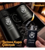 İsme Özel Aslan Kral Logolu Premium Hediye Seti - Çelik Termos Bardak Çakmak Kupa - Lüks Hediye Paketli