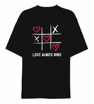 14 Şubat Sevgililer Günü Love Always Wins Baskılı Oversize Bisiklet Yaka T-shirt - Siyah
