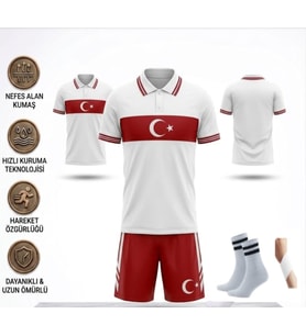 Türkiye Euro 2026 Milli Takım Polo Yaka Beyaz-Kırmızı Çocuk Futbol Forması Özel Tasarım Forma 4 Parça Forma+Şort+Çorap+Bileklik (Kody1)