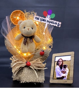 Kişiye Özel Led Işıklı & Fotoğraflı & Ayıcıklı Buket / YENİ İŞİNDE BAŞARILAR Temalı