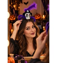 Halloween Kuru Kafa Taç Mor Tüylü Şapkalı Taşlı Cadılar Bayramı Parti Kostüm Saç Aksesuarı