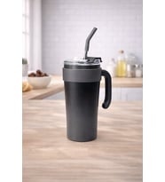 Paslanmaz Çelik Termos Bardak Pipetli Kapaklı Taşınabilir Soğuk Sıcak İçecek Mug (Ekru-Siyah)