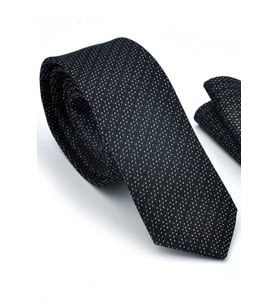 Beyaz Noktalı Verev Çizgili Siyah Dokuma Kumaş Mendilli Slim Fit Kravat  / SDK-220712 (Renksiz)