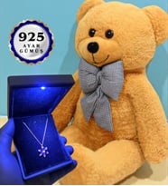Premium Hediye Seti Büyük Boy Kahve Peluş Ayıcık ve Gerçek 925 Ayar Gümüş Kolye (Model 2)